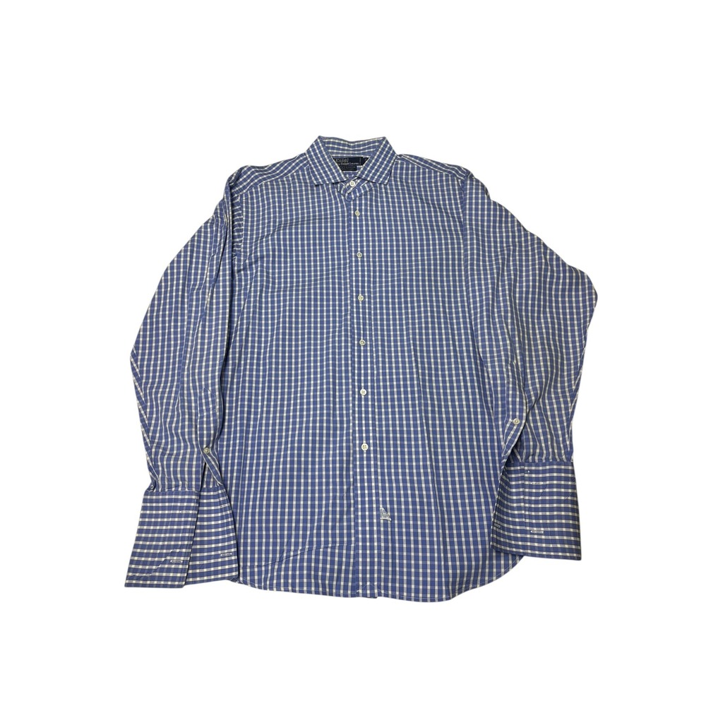 Polo by Ralph Lauren Mens Blue Gingham Check Dress Shirt Italian Fabric 17-35